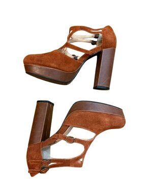 Platform Block Heel Cage T Strap Heeled Pump Sueded Texture US SZ 7